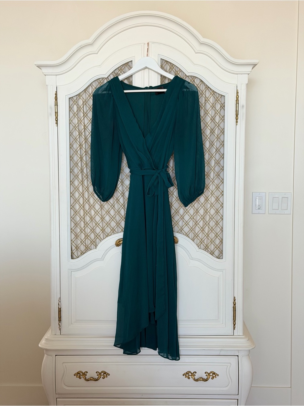 DKNY Deep Teal Wrap Midi Dress with Tie Waist